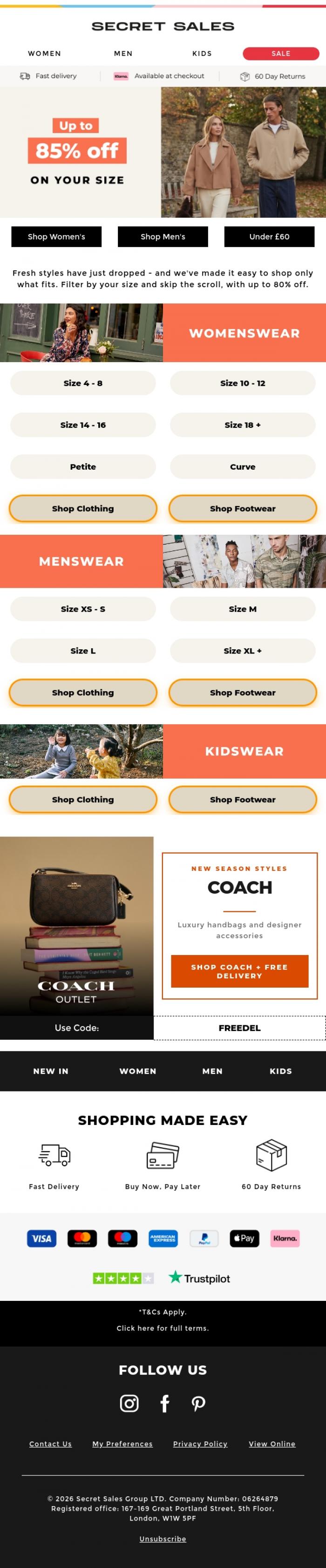 Email Design Inspiration from Secret Sales, Your size, sorted: new season styles from &pound;5