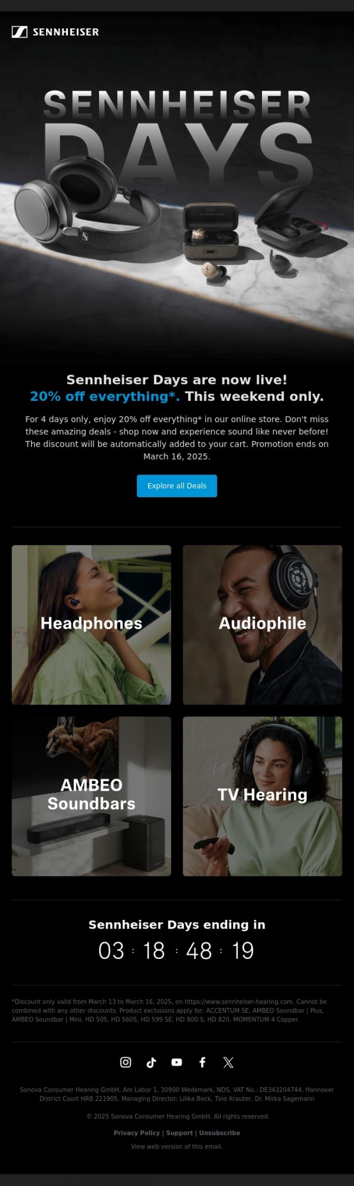 Email Design Inspiration from Sennheiser Hearing, Sennheiser Days: 20% Off Everything*