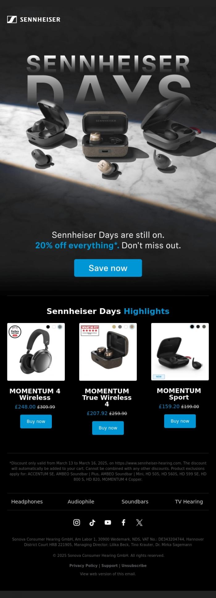 Email Design Inspiration from Sennheiser Hearing, Your favourite headphones? Now 20% off!