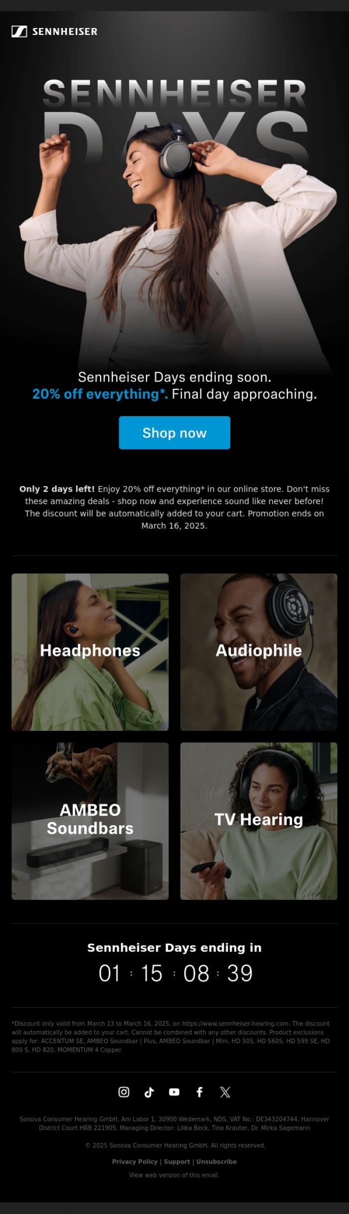 Email Design Inspiration from Sennheiser Hearing, Ends tomorrow: 20% Off Everything*