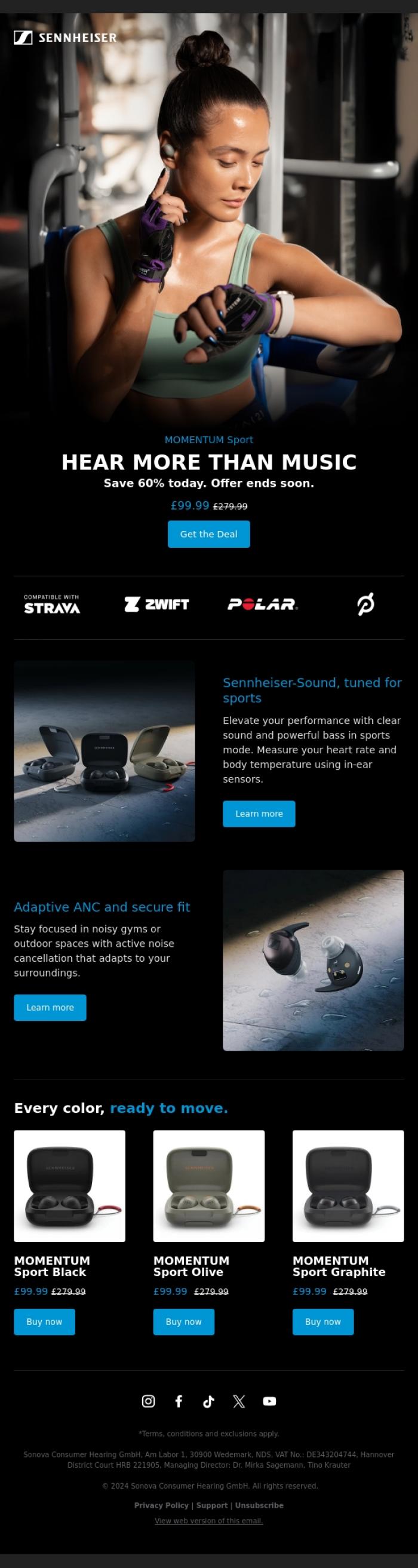 Email Design Inspiration from Sennheiser Hearing, Smartest Workout Buds: Now 60% Off
