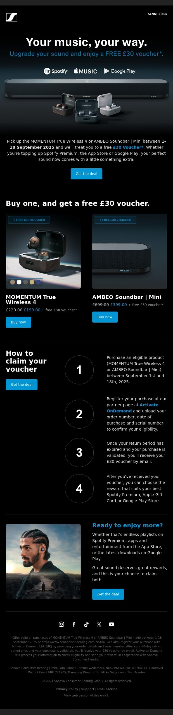 Email Design Inspiration from Sennheiser Hearing, Limited Offer: Free &pound;30 Voucher with Your Purchase