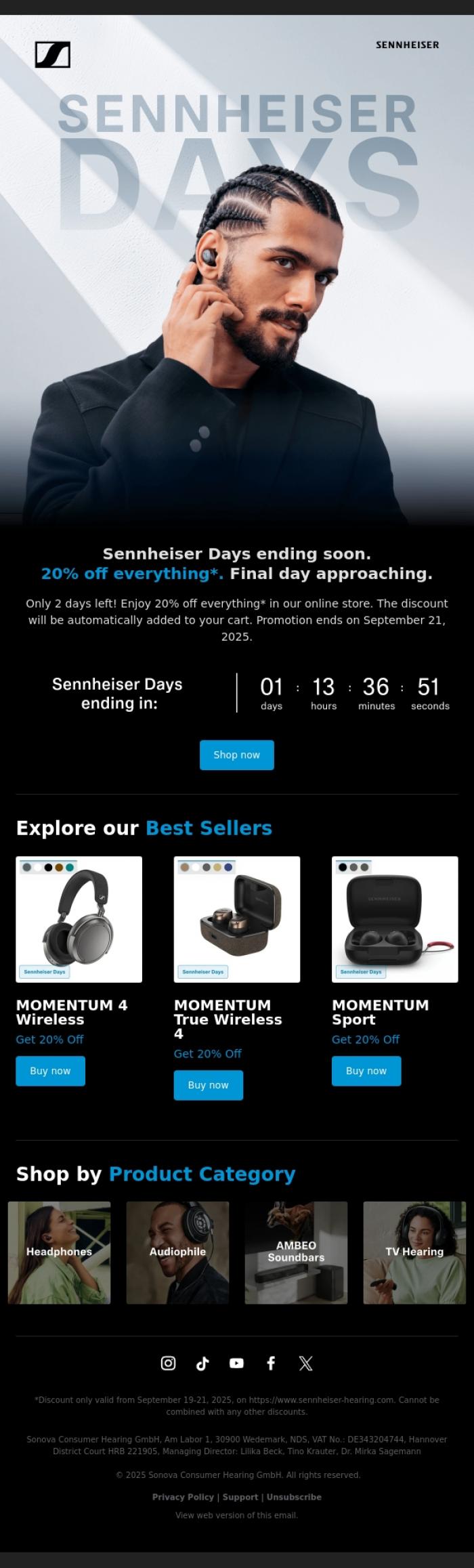 Email Design Inspiration from Sennheiser Hearing, 20% Off Everything* Ending Soon
