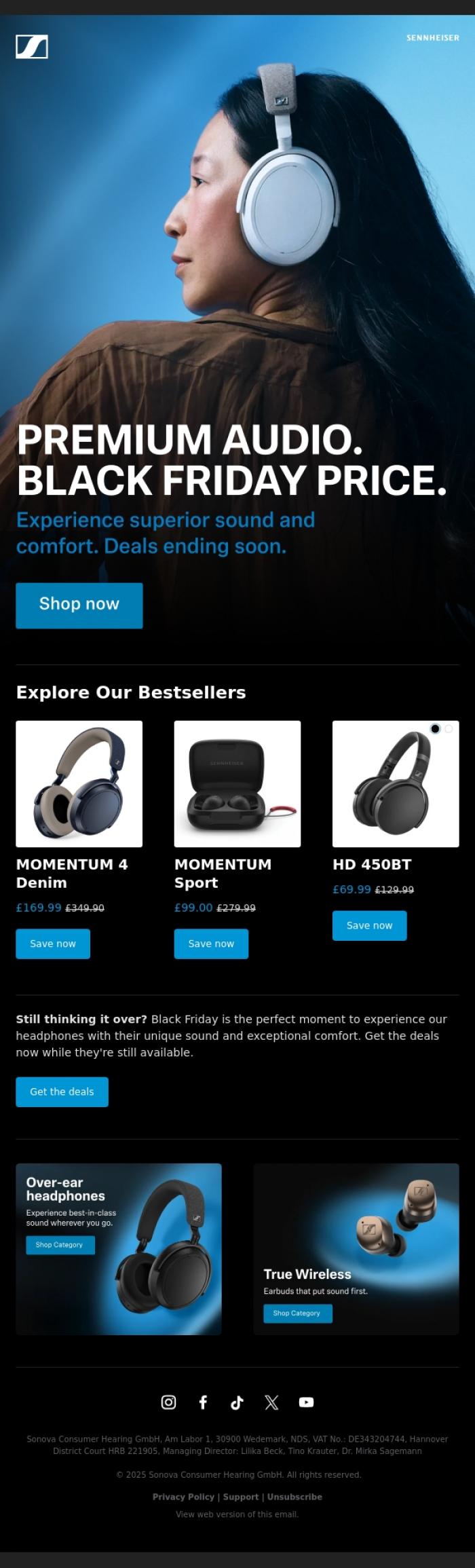 Email Design Inspiration from Sennheiser Hearing, Upgrade to true sound this Black Friday