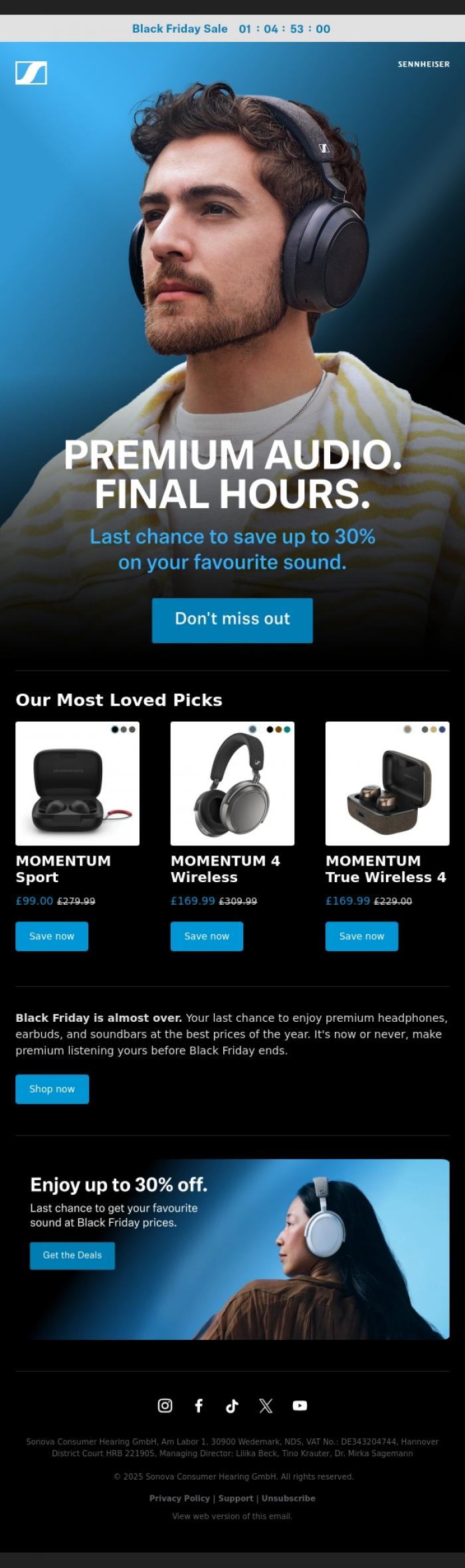 Email Design Inspiration from Sennheiser Hearing, Final Hours to Save with Black Friday Deals 🎧
