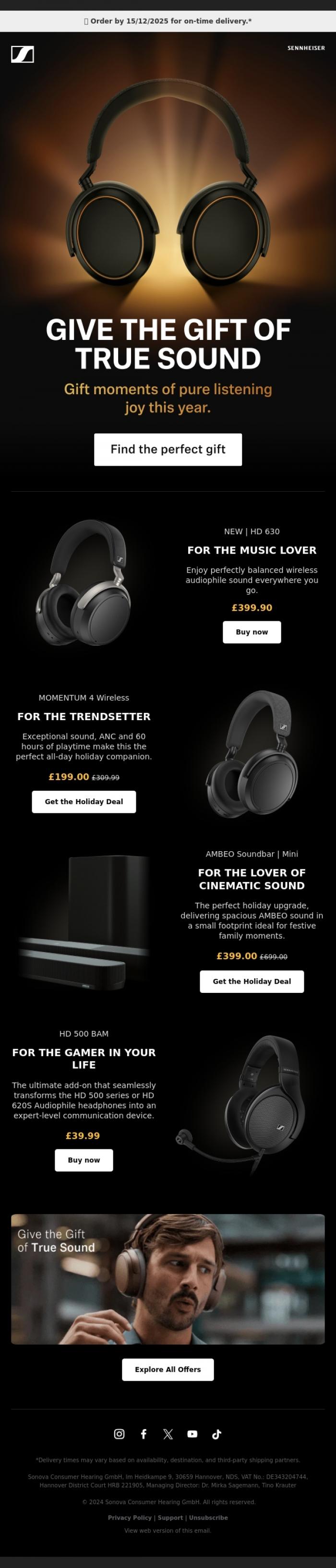Email Design Inspiration from Sennheiser Hearing, Give the Gift of True Sound 🎁