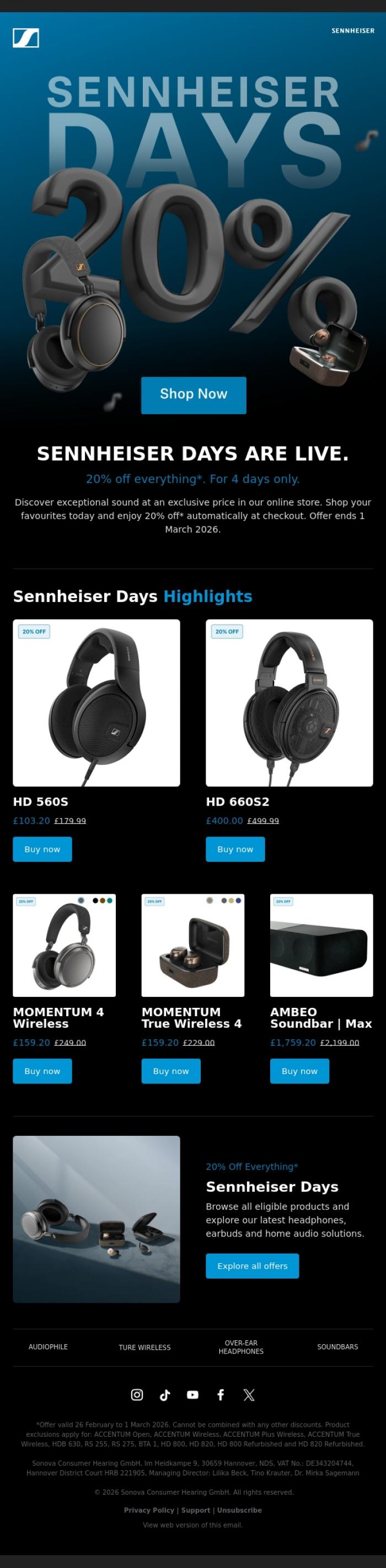 Email Design Inspiration from Sennheiser Hearing, 20% Off starts NOW