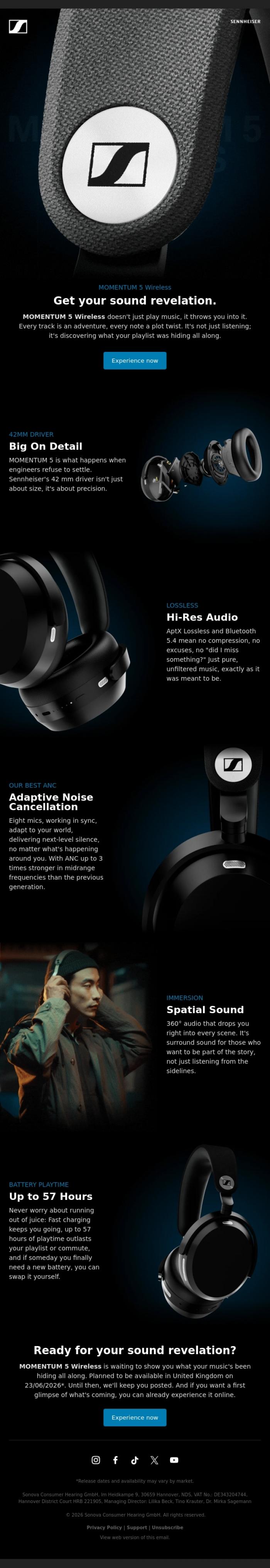 Email Design Inspiration from Sennheiser Hearing, Introducing MOMENTUM 5 Wireless