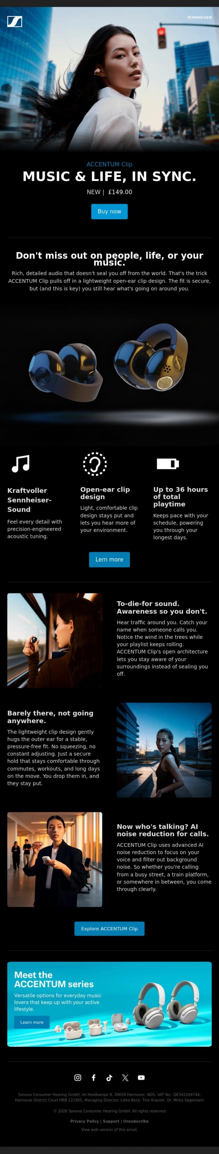 Email Design Inspiration from Sennheiser Hearing, Available Now: ACCENTUM Clip