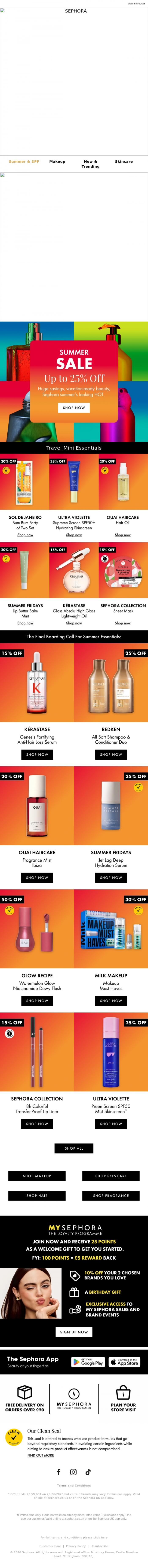 Email Design Inspiration from SEPHORA UK, Up to 25% off Summer Sale