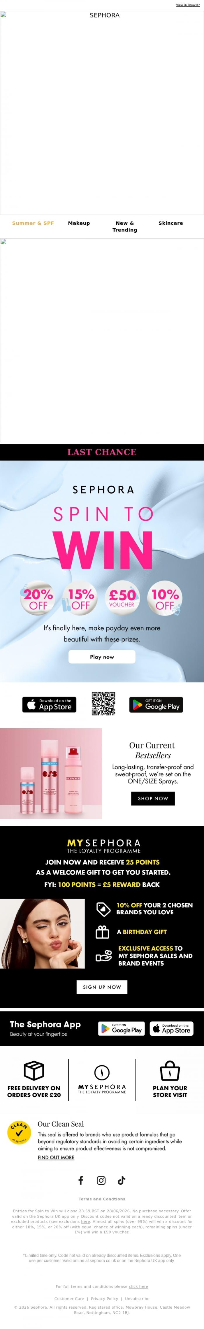 Email Design Inspiration from SEPHORA UK, LAST CHANCE | Spin to Win 🎡