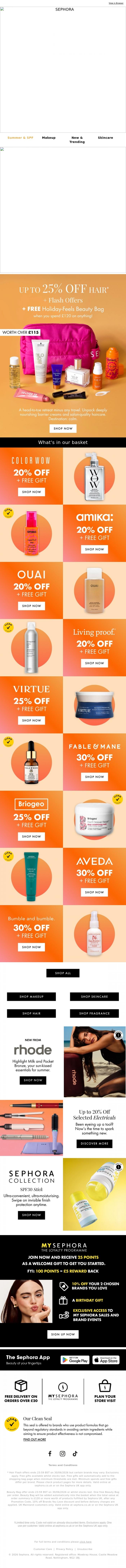Email Design Inspiration from SEPHORA UK, FLASH OFFERS - Up to 25% off Haircare✨+ FREE Beauty Bag when you spend &pound;120 on anything!