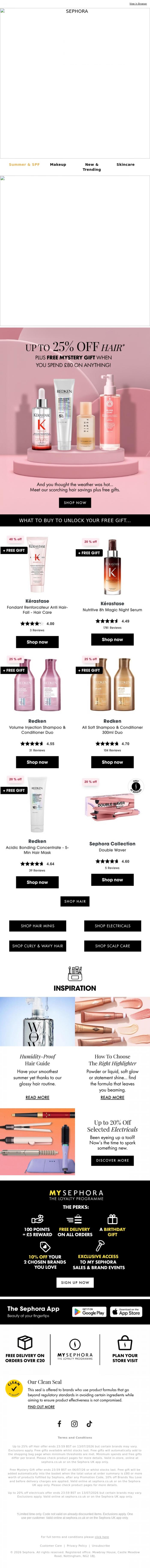 Email Design Inspiration from SEPHORA UK, UP TO 25% OFF HAIR💆🏻&zwj;♀️+ FREE Mystery Gift...