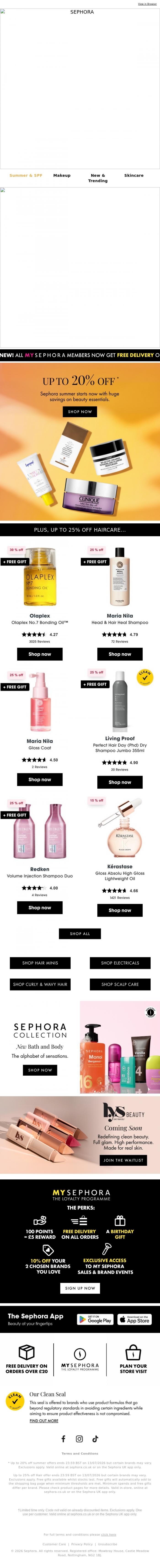 Email Design Inspiration from SEPHORA UK, Up to 20% off Summer Essentials☀️