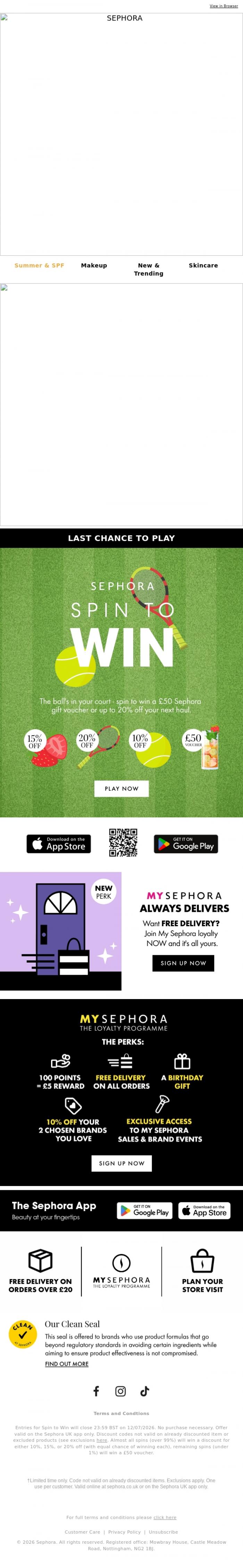 Email Design Inspiration from SEPHORA UK, LAST CHANCE | Spin to Win🎾