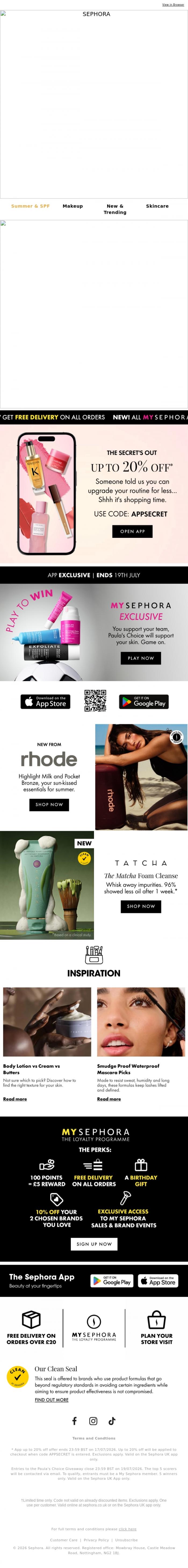 Email Design Inspiration from SEPHORA UK, APP EXCLUSIVE: Up to 20% Off