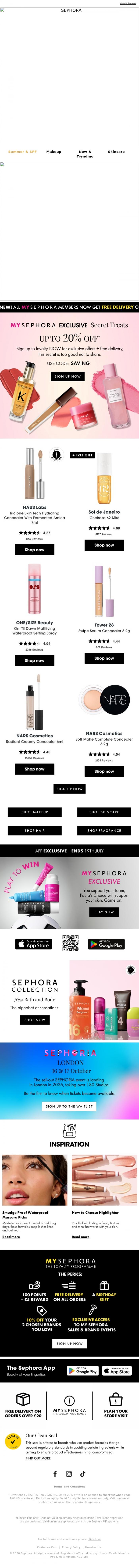 Email Design Inspiration from SEPHORA UK, My Sephora Exclusive: Up to 20% Off