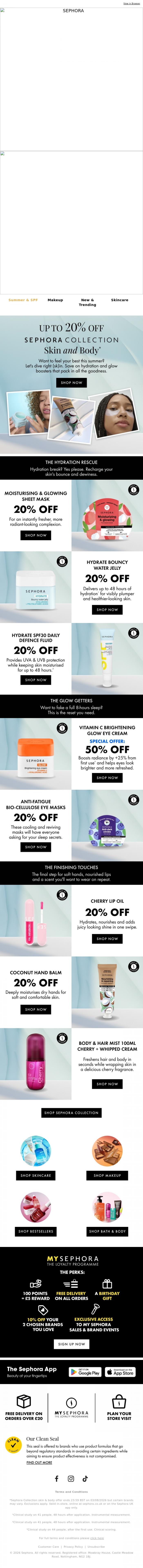 Email Design Inspiration from SEPHORA UK, Up to 20% Off Sephora Collection Skin & Body