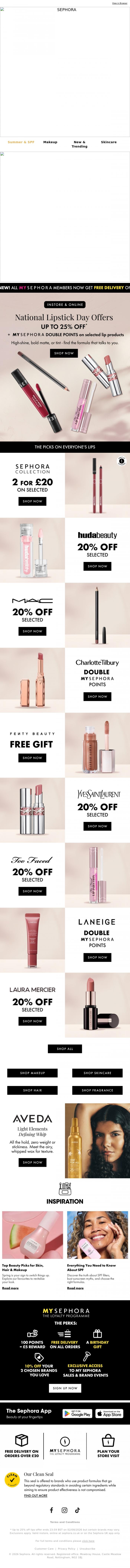 Email Design Inspiration from SEPHORA UK, Up to 25% off 💋 National Lipstick Offers!