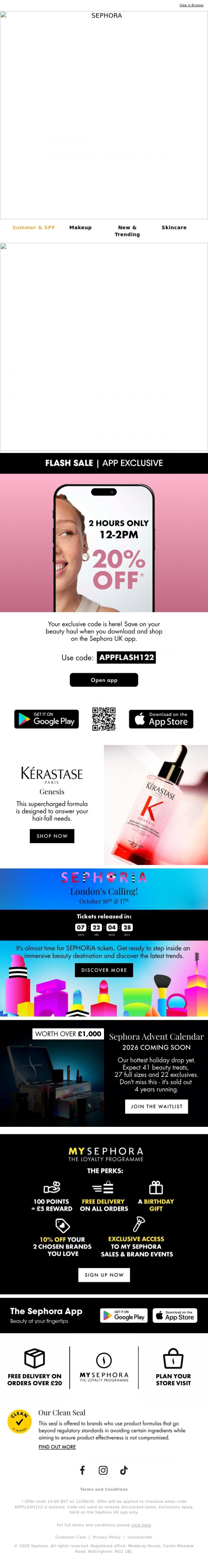 Email Design Inspiration from SEPHORA UK, 2 HOUR FLASH🚨 20% Off Starts Now