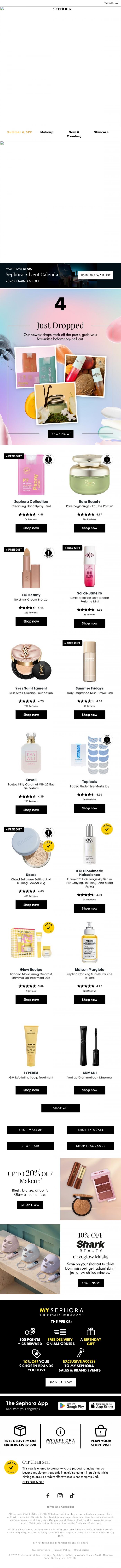 Email Design Inspiration from SEPHORA UK, NEW from Rare Beauty, Sol de Janeiro, LYS Beauty & lots more