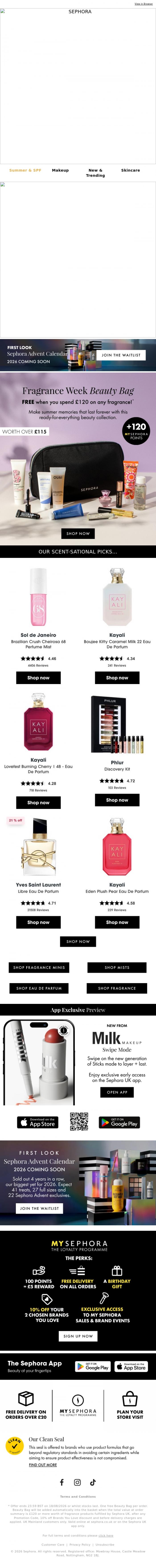 Email Design Inspiration from SEPHORA UK, Unlock a beauty bag when you spend &pound;120 on any fragrance!