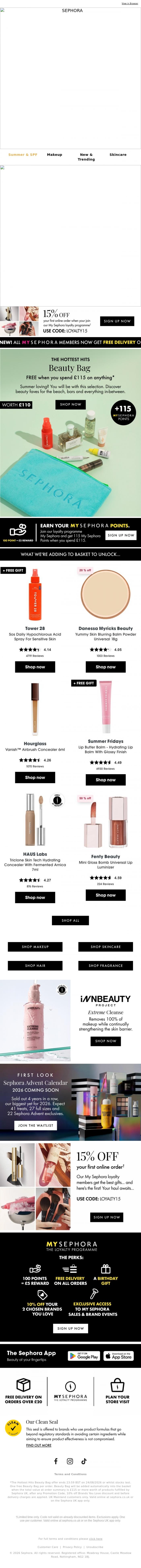 Email Design Inspiration from SEPHORA UK, FREE Beauty Bag worth &pound;110!