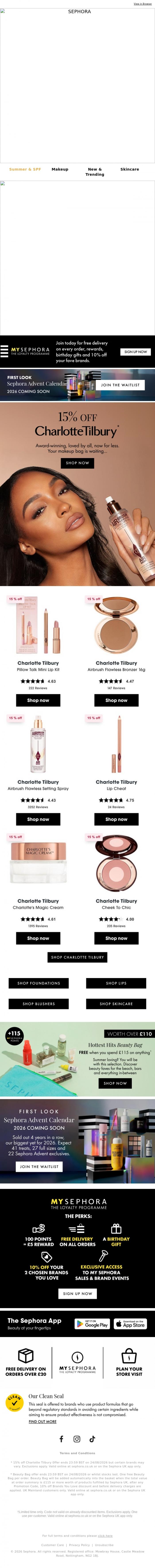 Email Design Inspiration from SEPHORA UK, 15% OFF CHARLOTTE TILBURY💋