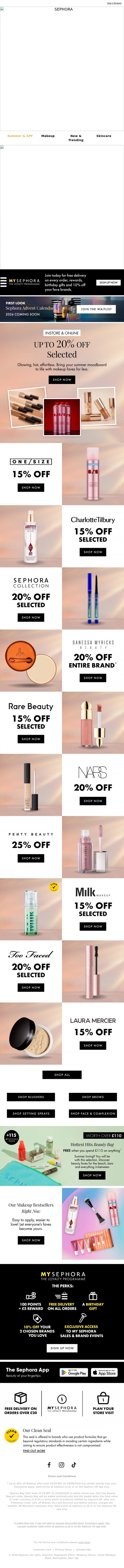 Email Design Inspiration from SEPHORA UK, LAST CHANCE! Up to 20% off Makeup👀