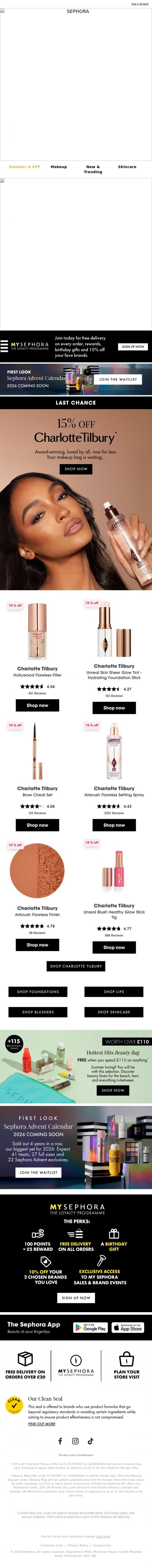 Email Design Inspiration from SEPHORA UK, LAST CHANCE! 15% OFF CHARLOTTE TILBURY💋