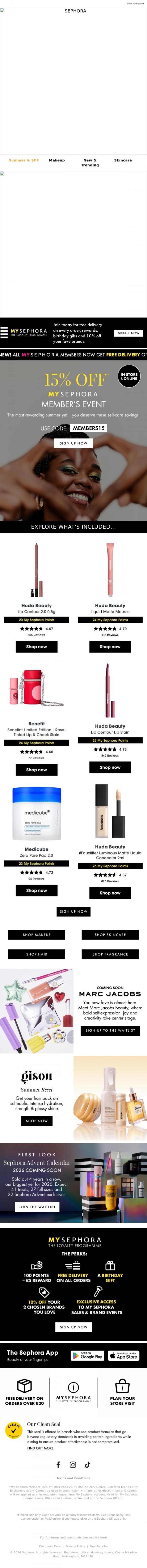 Email Design Inspiration from SEPHORA UK, 15% OFF IS HERE! 🎉My Sephora Member Exclusive