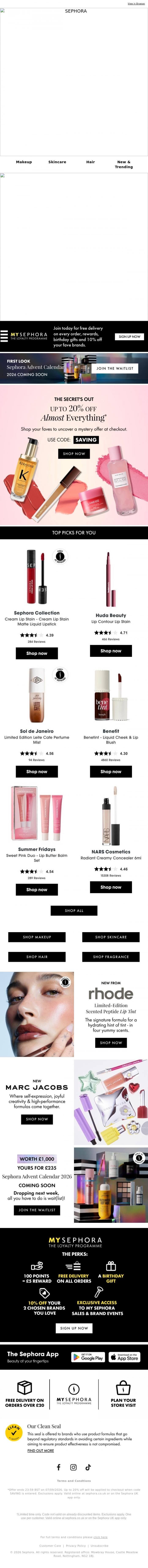 Email Design Inspiration from SEPHORA UK, Up to 20% Off? 👀 The Secret's Out