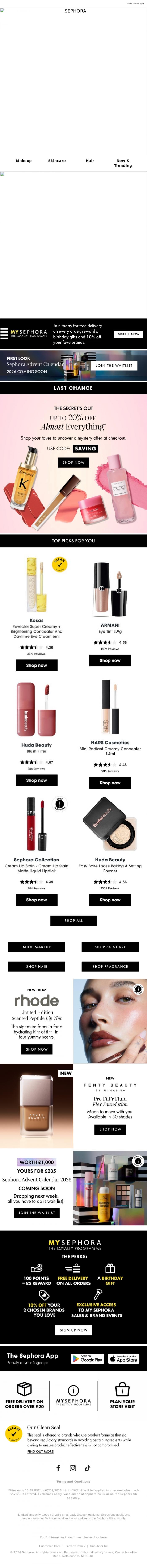 Email Design Inspiration from SEPHORA UK, LAST CHANCE🚨 Don't miss out on these secret offers....