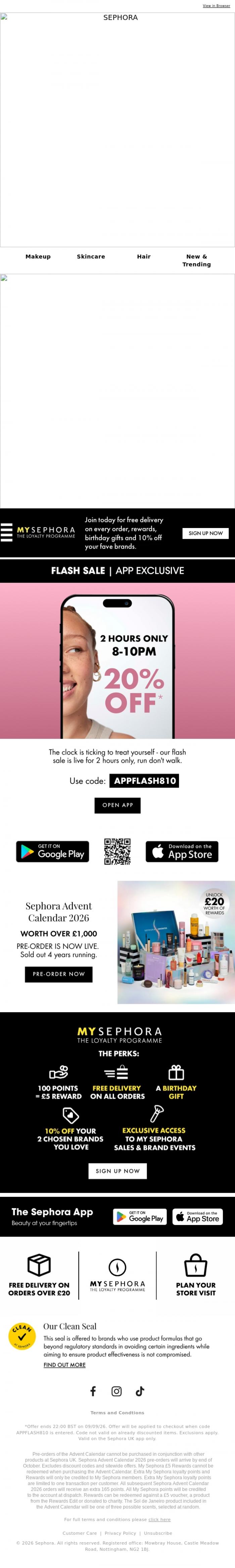 Email Design Inspiration from SEPHORA UK, 2 HOUR FLASH SALE IS BACK 👀