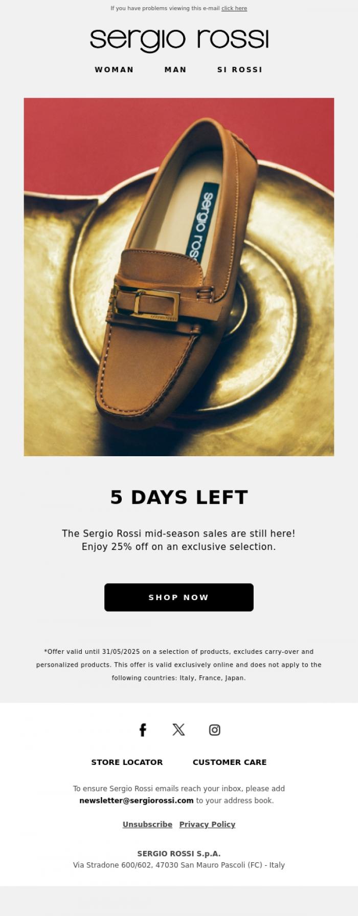 Email Design Inspiration from Sergio Rossi, Mid-season sales: 5 days to go
