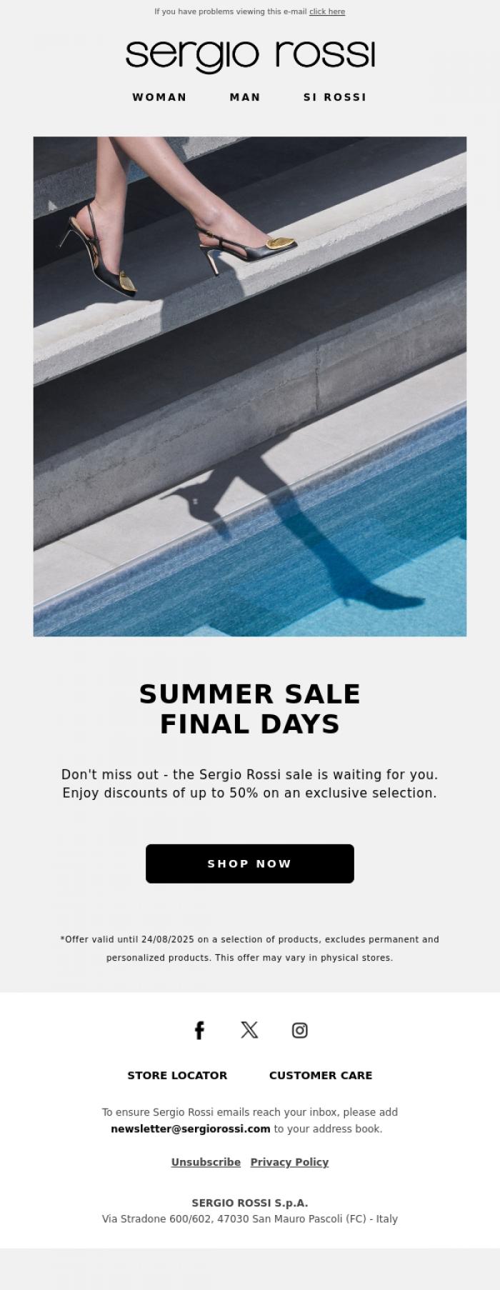 Email Design Inspiration from Sergio Rossi, Summer sale | Final Days