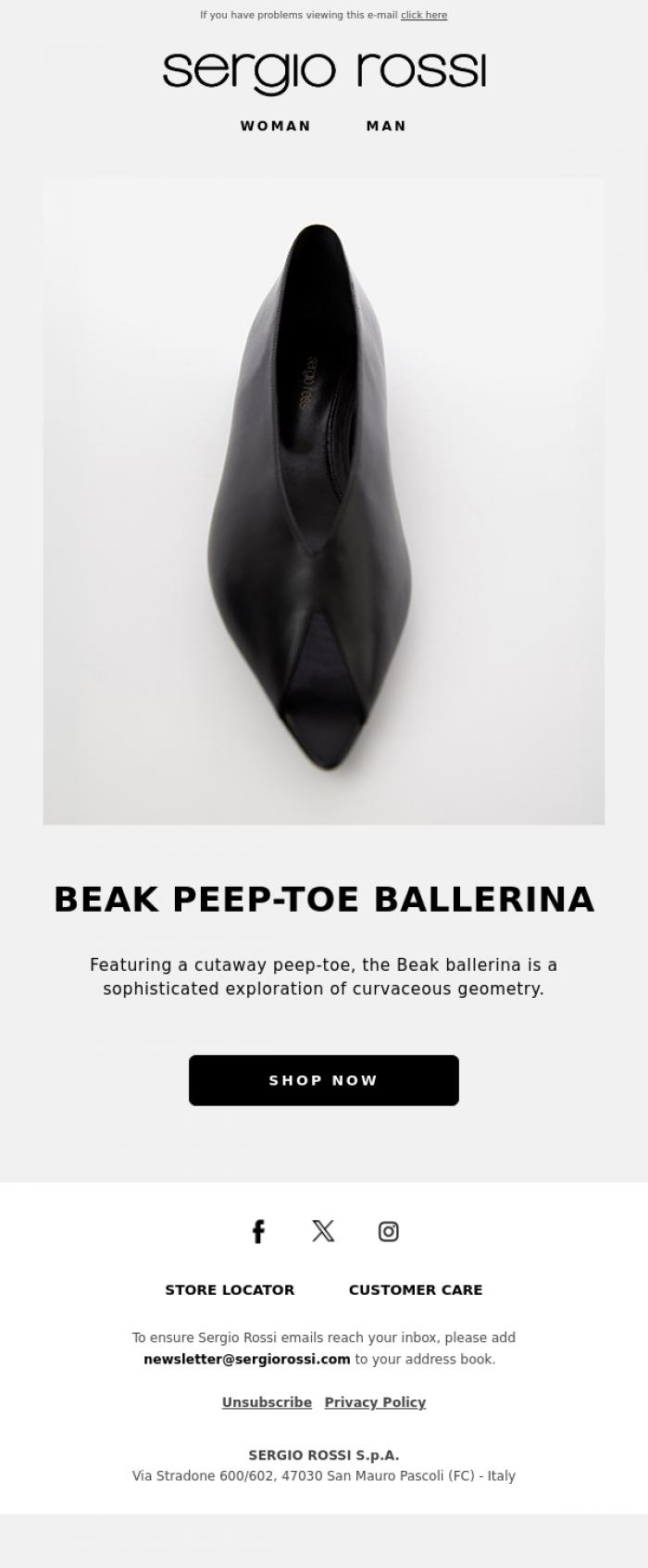 Email Design Inspiration from Sergio Rossi, Introducing Beak ballerina