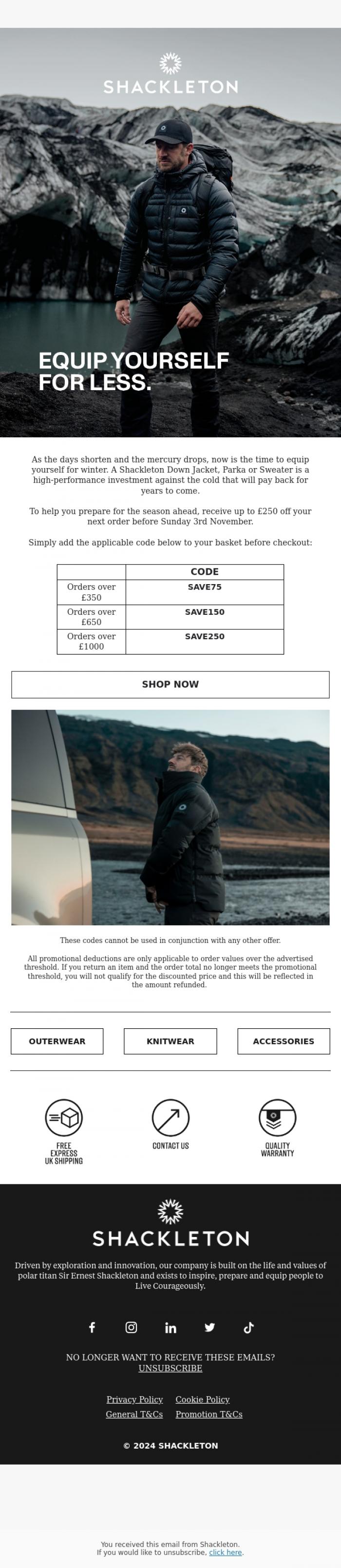 Email Design Inspiration from Shackleton, EQUIP YOURSELF FOR LESS // Limited Time Offer