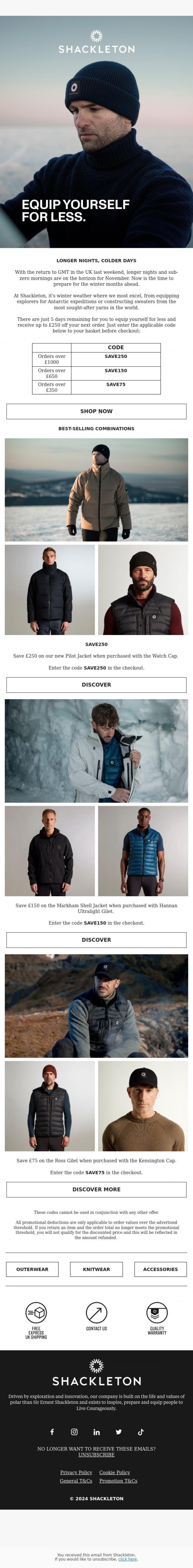 Email Design Inspiration from Shackleton, EQUIP YOURSELF FOR LESS // Best-Selling Combinations