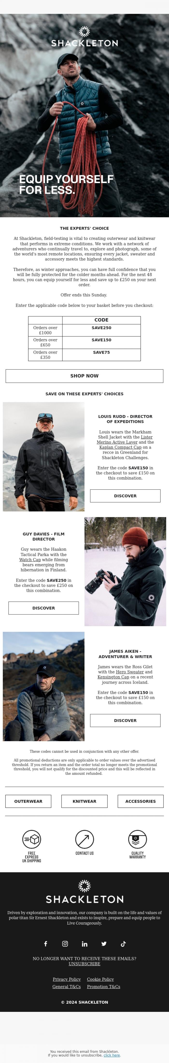 Email Design Inspiration from Shackleton, THE EXPERTS' CHOICE // Equip yourself for less.