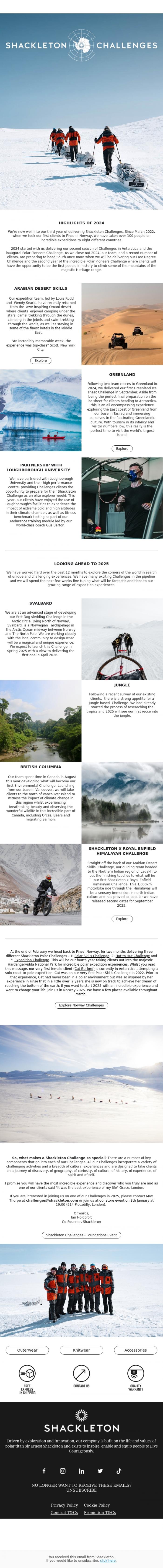 Email Design Inspiration from Shackleton, GO ON A JOURNEY OF DISCOVERY IN 2025 // Shackleton Challenges