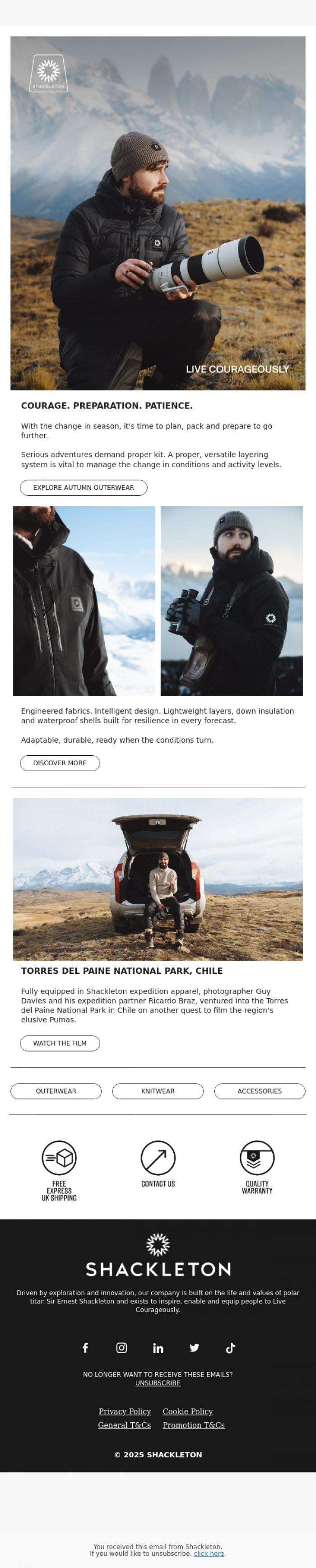 Email Design Inspiration from Shackleton, NEW SEASON // Courage. Preparation. Patience.