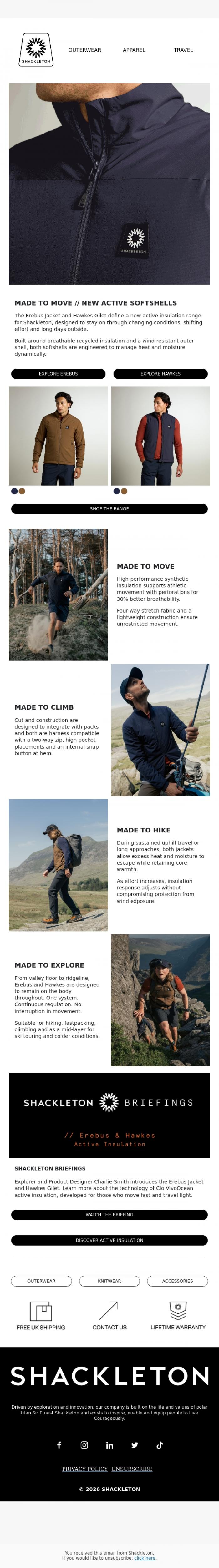 Email Design Inspiration from Shackleton, NEW // Active Softshell Jackets