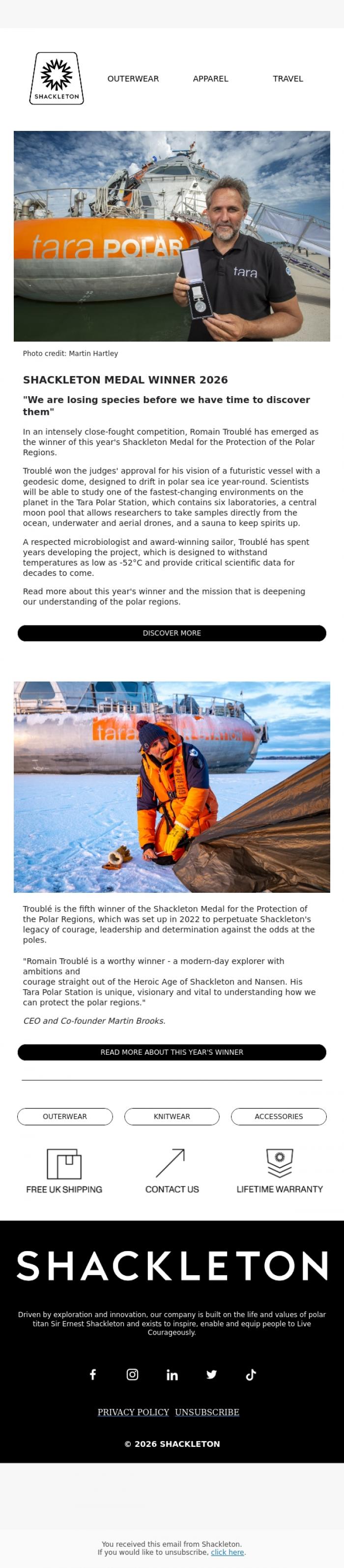 Email Design Inspiration from Shackleton, WINNER ANNOUNCEMENT // 2026 Shackleton Medal