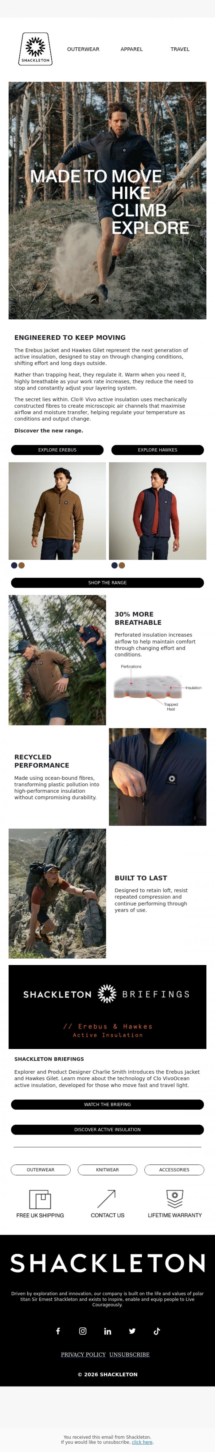 Email Design Inspiration from Shackleton, NEW ACTIVE SOFTSHELLS // Insulation That Breathes