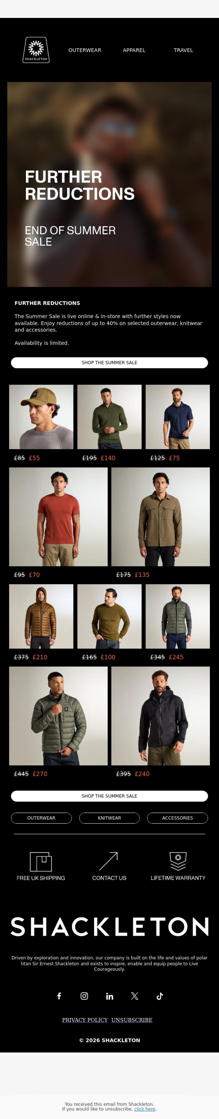 Email Design Inspiration from Shackleton, FURTHER REDUCTIONS // End of Summer Sale