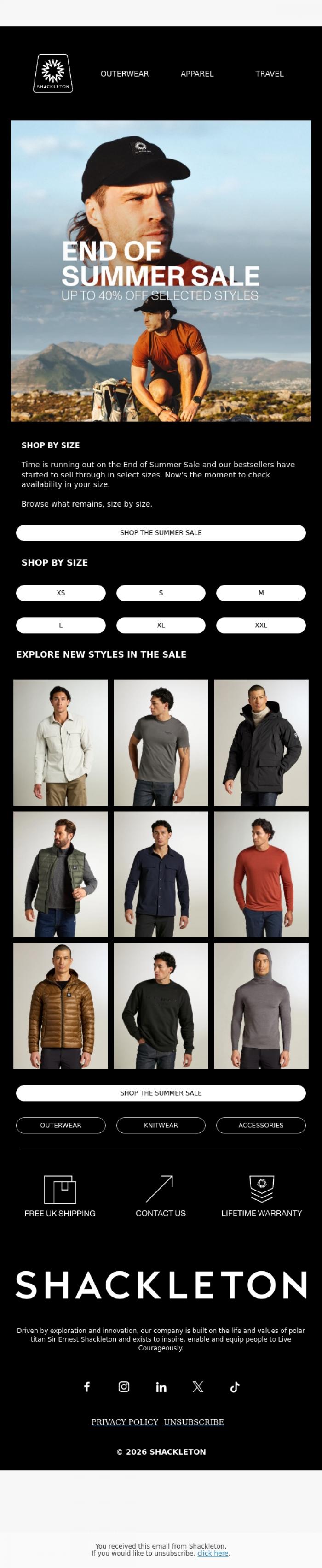 Email Design Inspiration from Shackleton, END OF SUMMER SALE // Shop By Size