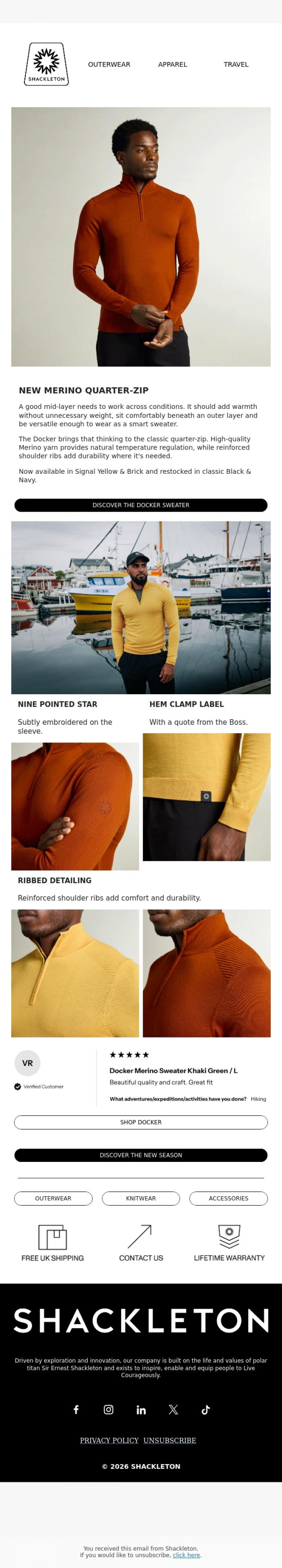 Email Design Inspiration from Shackleton, NEW DOCKER COLOURS // Our Bestselling Merino Quarter-Zip