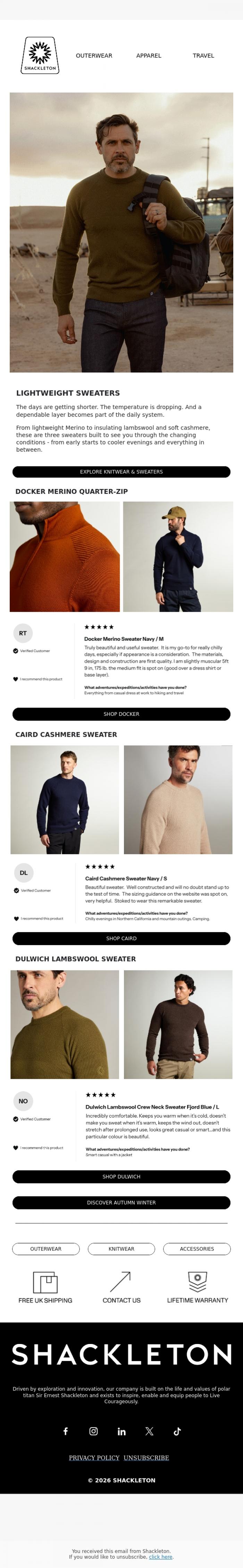 Email Design Inspiration from Shackleton, SWEATER WEATHER // Lightweight Knitwear for Autumn