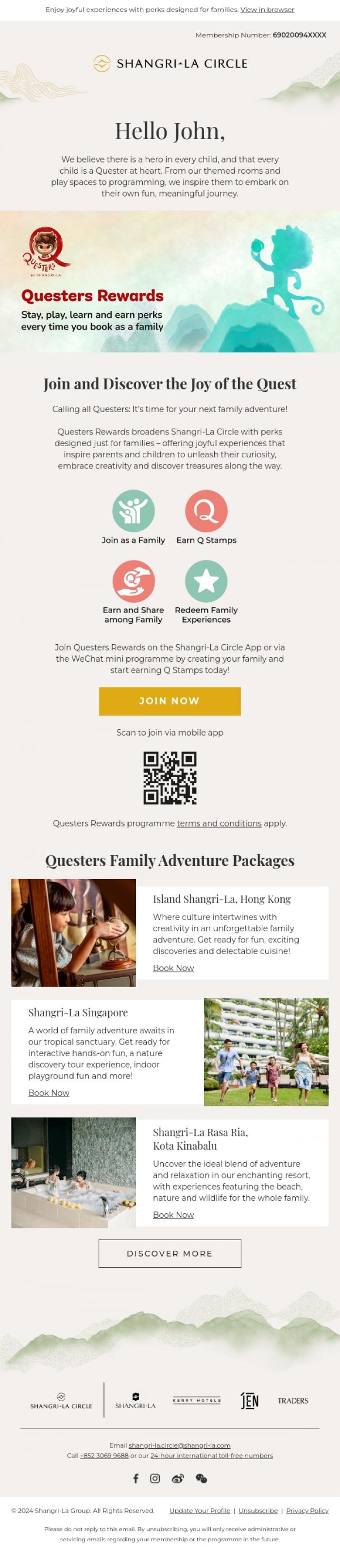 Email Design Inspiration from Shangri-La Circle, Join Questers Rewards and Embark on a Family Discovery